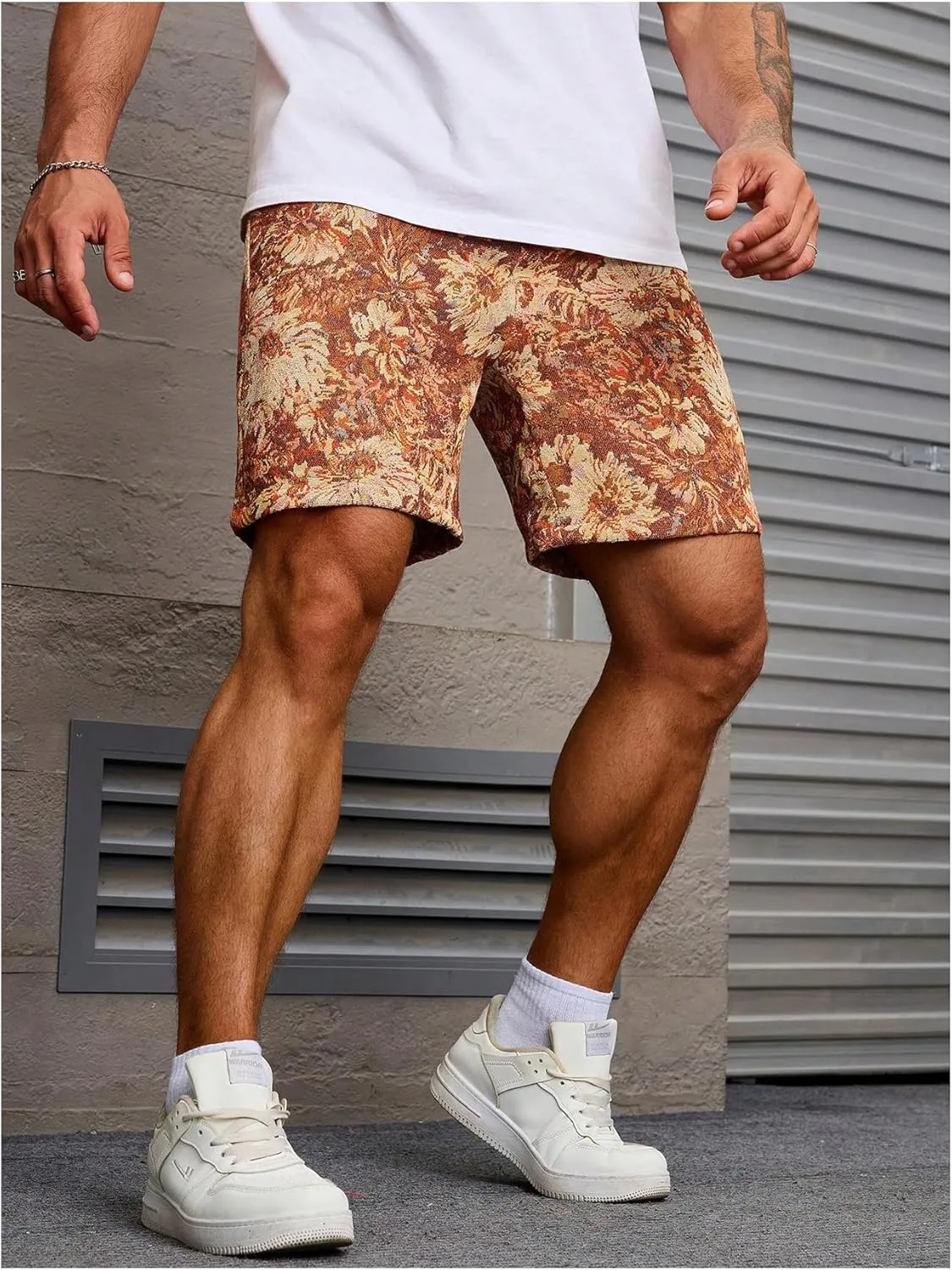 GORGLITTER Men's Floral Embroidery Drawstring Waist Shorts Straight Leg Slant Pocket Shorts