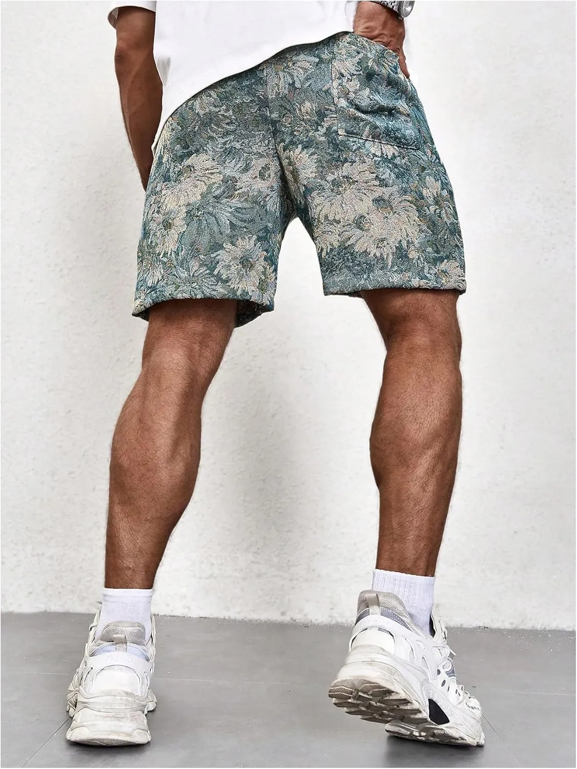 GORGLITTER Men's Floral Embroidery Drawstring Waist Shorts Straight Leg Slant Pocket Shorts