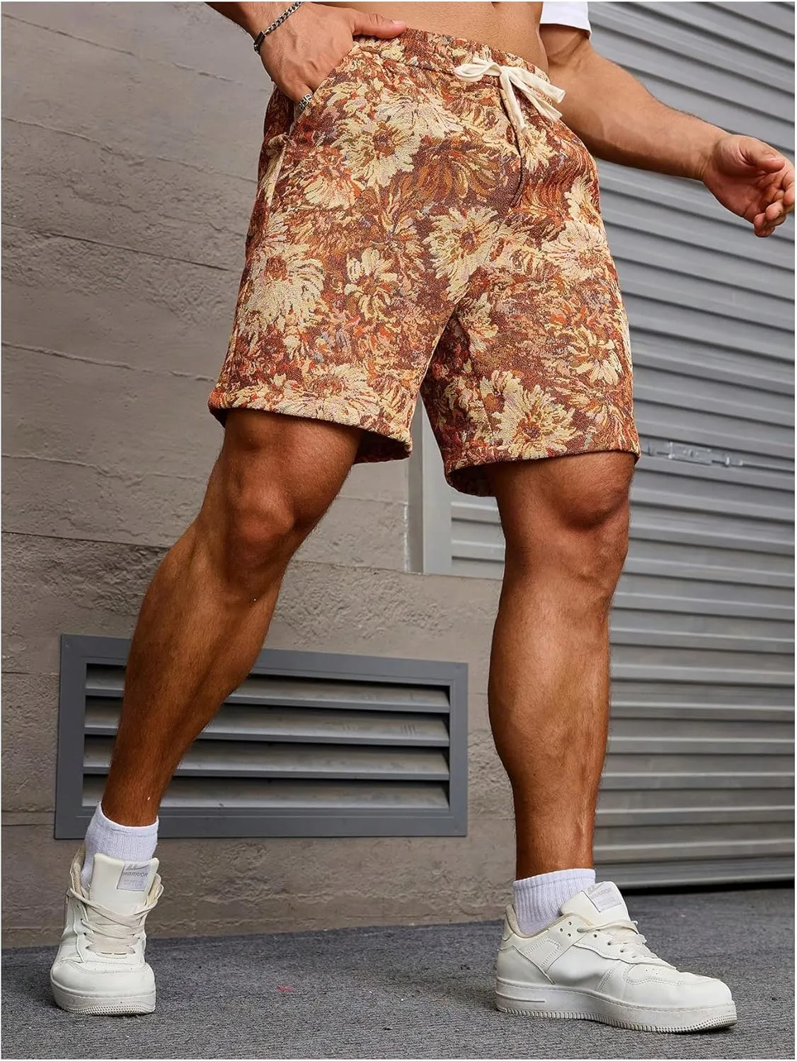 GORGLITTER Men's Floral Embroidery Drawstring Waist Shorts Straight Leg Slant Pocket Shorts