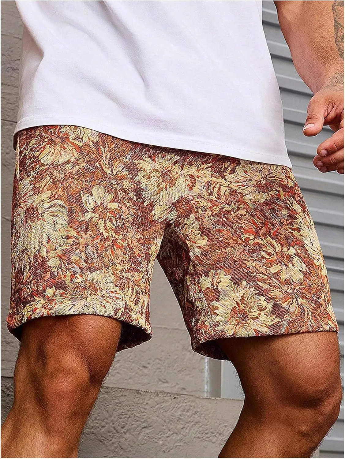 GORGLITTER Men's Floral Embroidery Drawstring Waist Shorts Straight Leg Slant Pocket Shorts