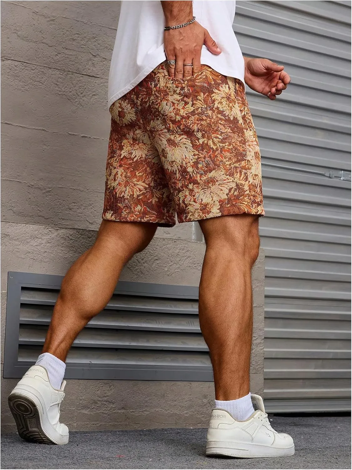 GORGLITTER Men's Floral Embroidery Drawstring Waist Shorts Straight Leg Slant Pocket Shorts