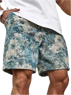 GORGLITTER Men's Floral Embroidery Drawstring Waist Shorts Straight Leg Slant Pocket Shorts
