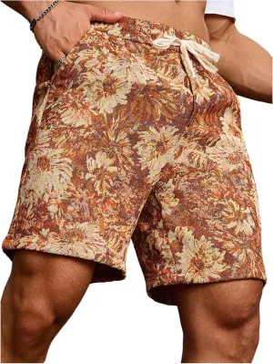 GORGLITTER Men's Floral Embroidery Drawstring Waist Shorts Straight Leg Slant Pocket Shorts