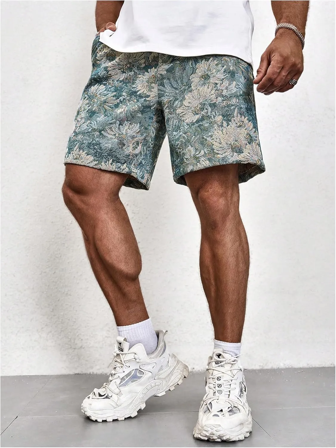 GORGLITTER Men's Floral Embroidery Drawstring Waist Shorts Straight Leg Slant Pocket Shorts