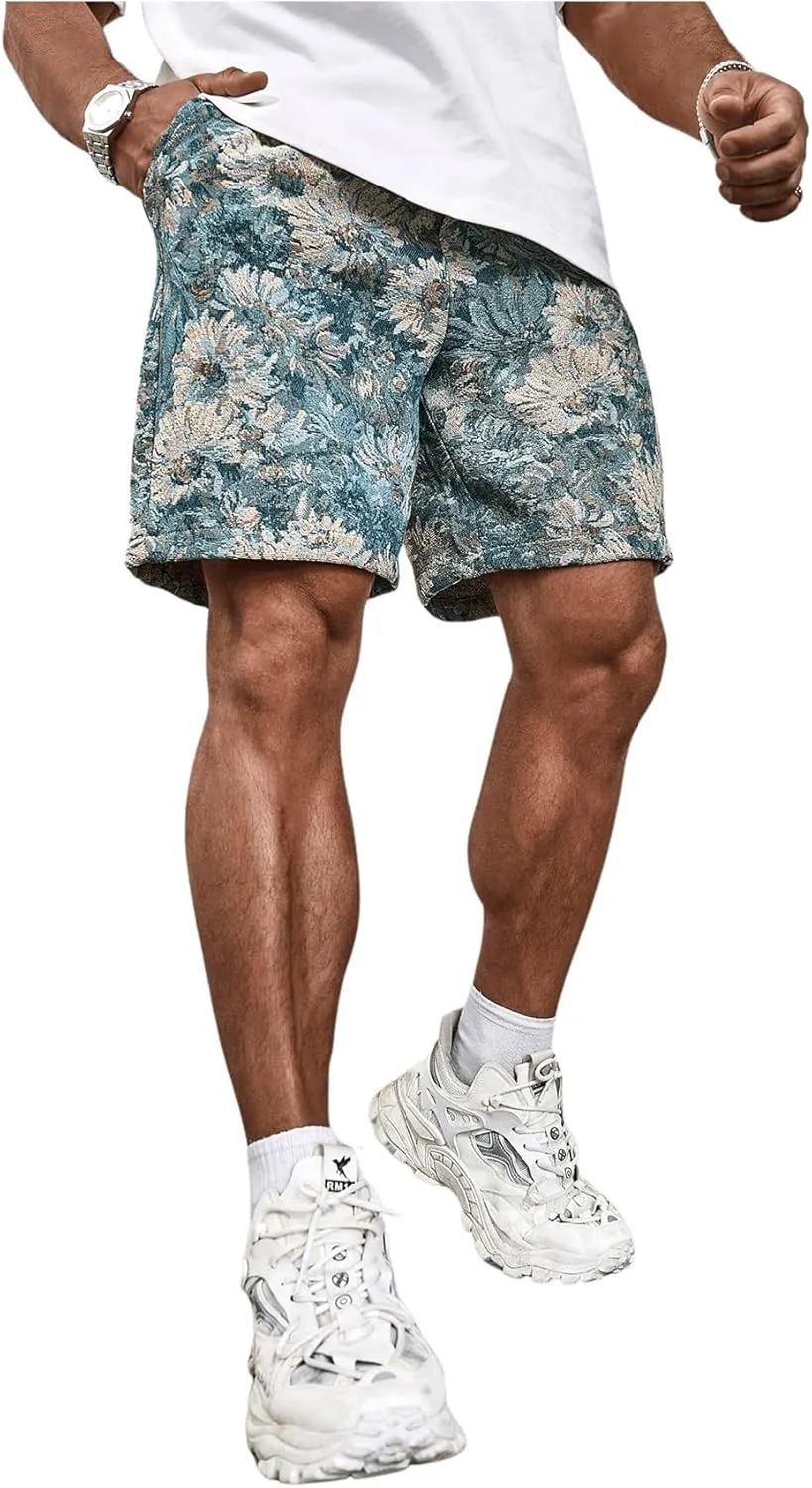 GORGLITTER Men's Floral Embroidery Drawstring Waist Shorts Straight Leg Slant Pocket Shorts