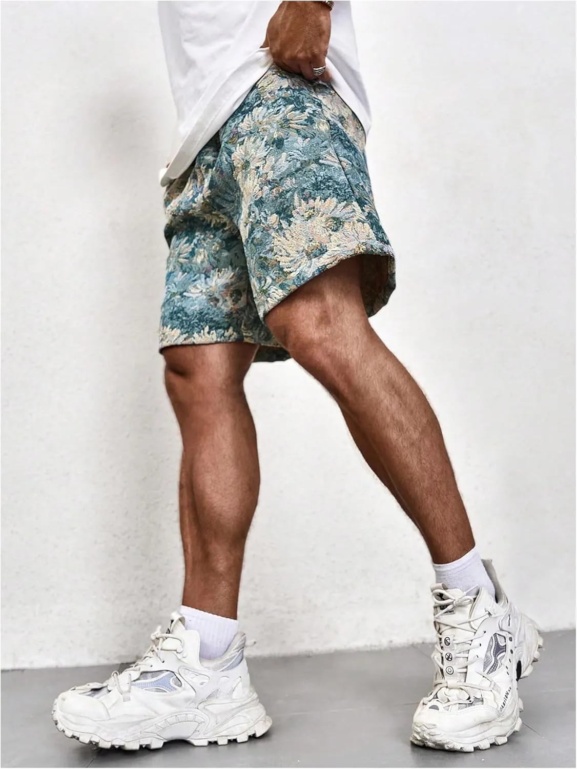 GORGLITTER Men's Floral Embroidery Drawstring Waist Shorts Straight Leg Slant Pocket Shorts