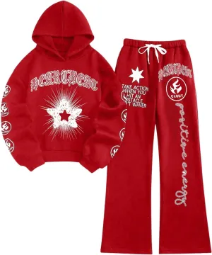 GORGLITTER Women's Letter Star Graphic Sweatsuit 2 Piece Long Sleeve Hoodie Drawstring Waist Sweatpants Set