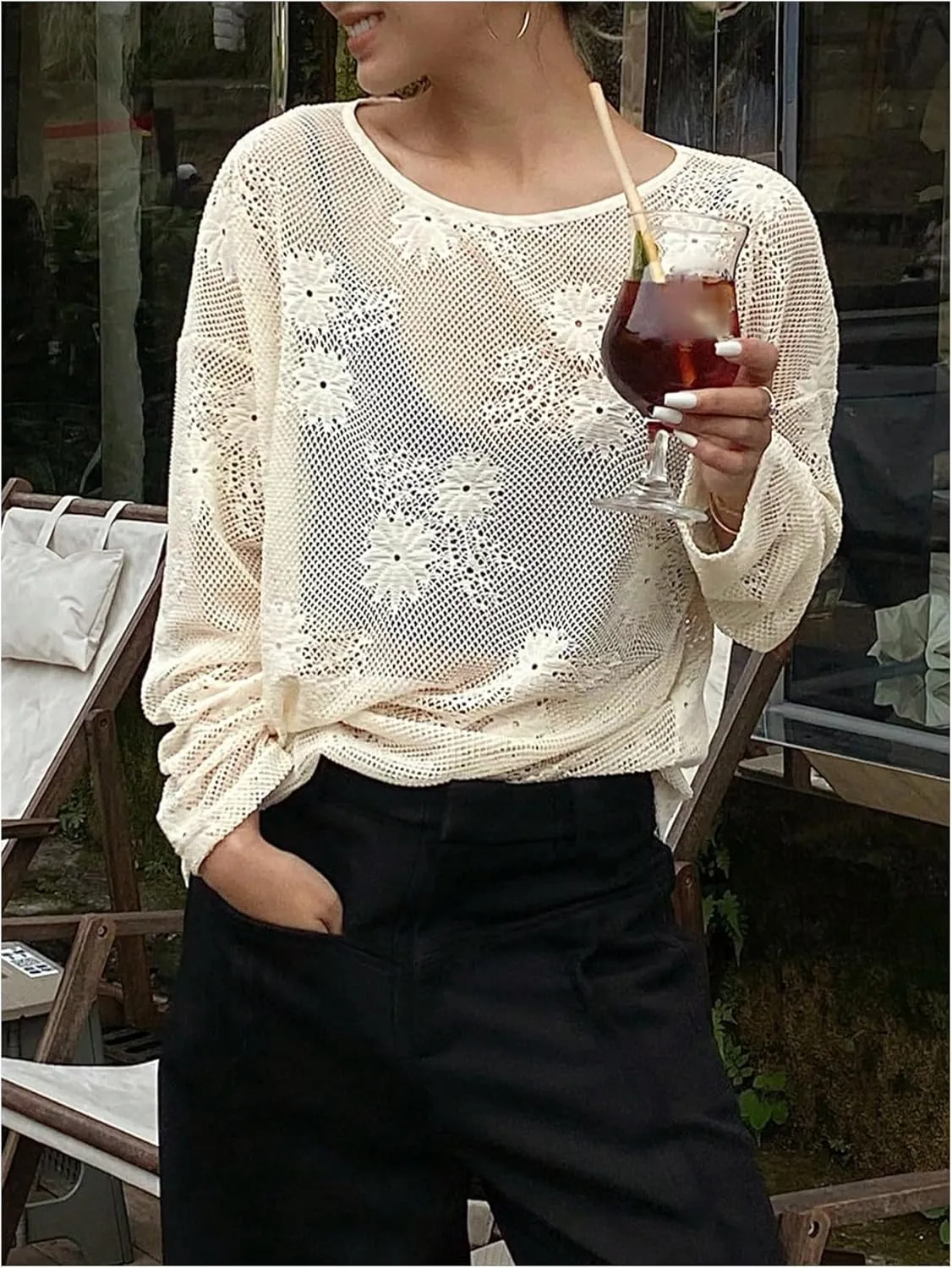GORGLITTER Women's Mesh Long Sleeve Tops Sexy See Through Sheer Top Oversized Boat Neck T Shirts