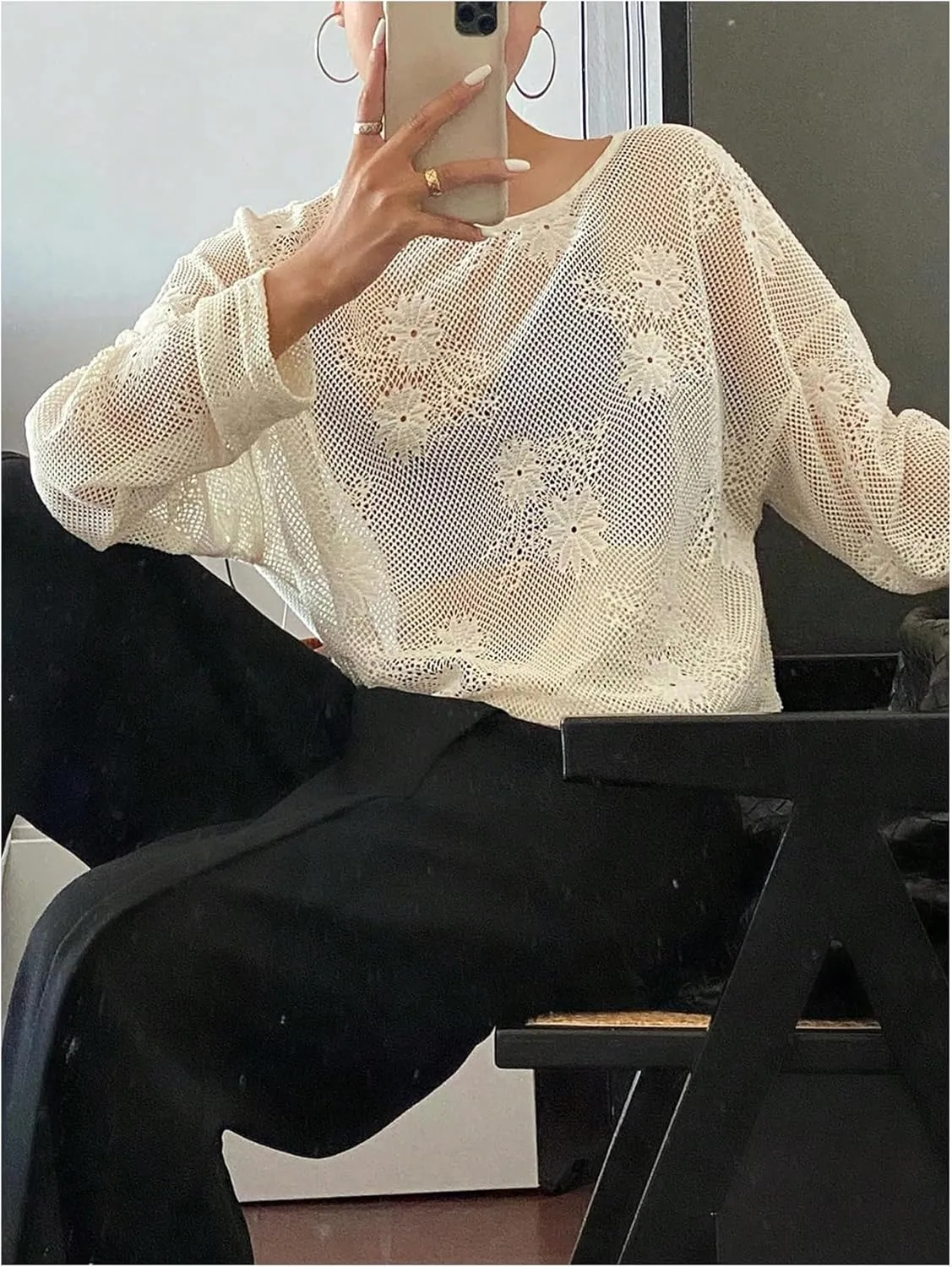 GORGLITTER Women's Mesh Long Sleeve Tops Sexy See Through Sheer Top Oversized Boat Neck T Shirts