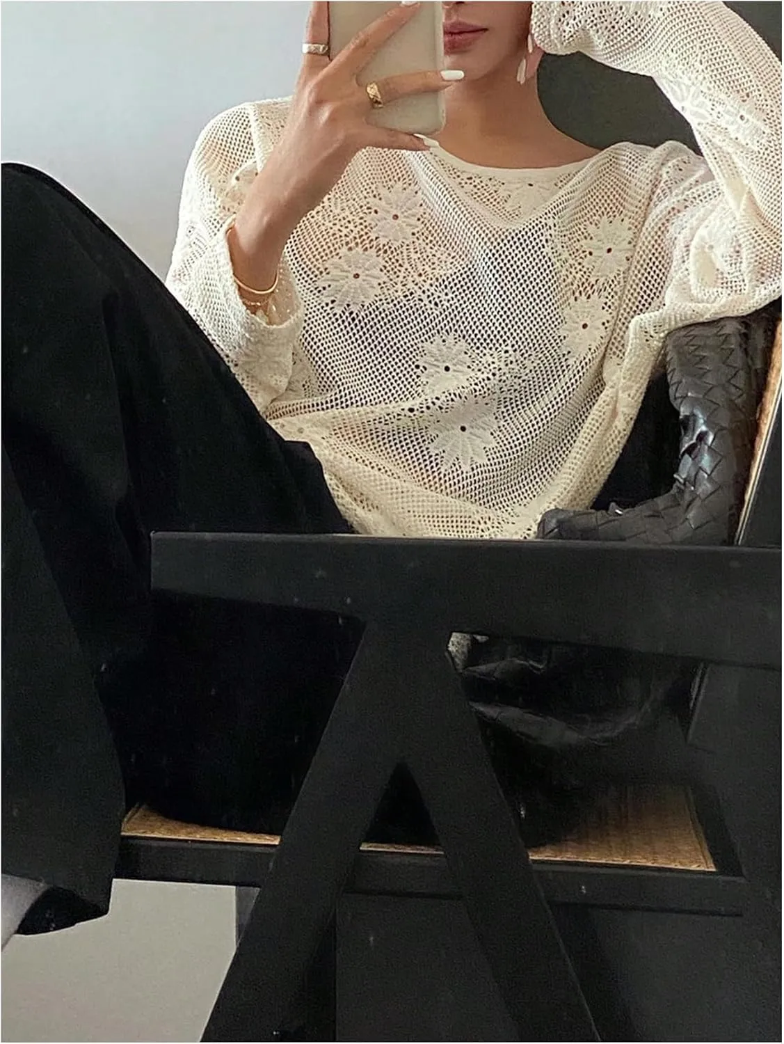 GORGLITTER Women's Mesh Long Sleeve Tops Sexy See Through Sheer Top Oversized Boat Neck T Shirts