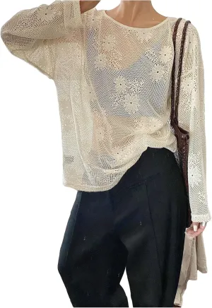 GORGLITTER Women's Mesh Long Sleeve Tops Sexy See Through Sheer Top Oversized Boat Neck T Shirts