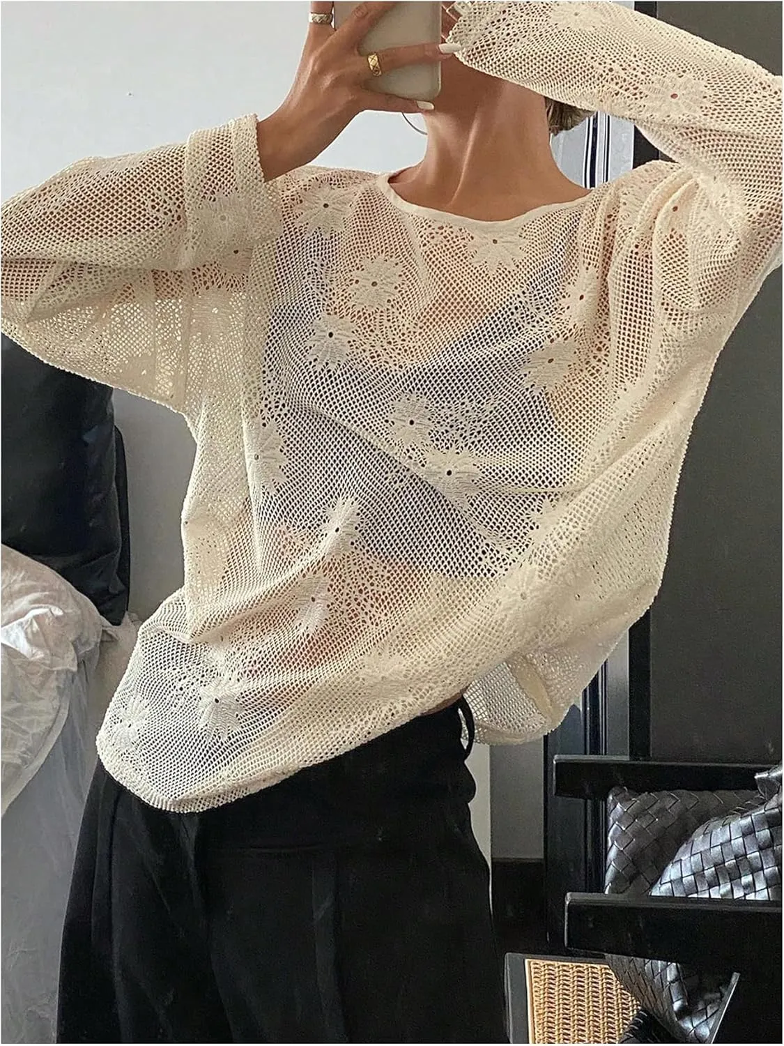 GORGLITTER Women's Mesh Long Sleeve Tops Sexy See Through Sheer Top Oversized Boat Neck T Shirts