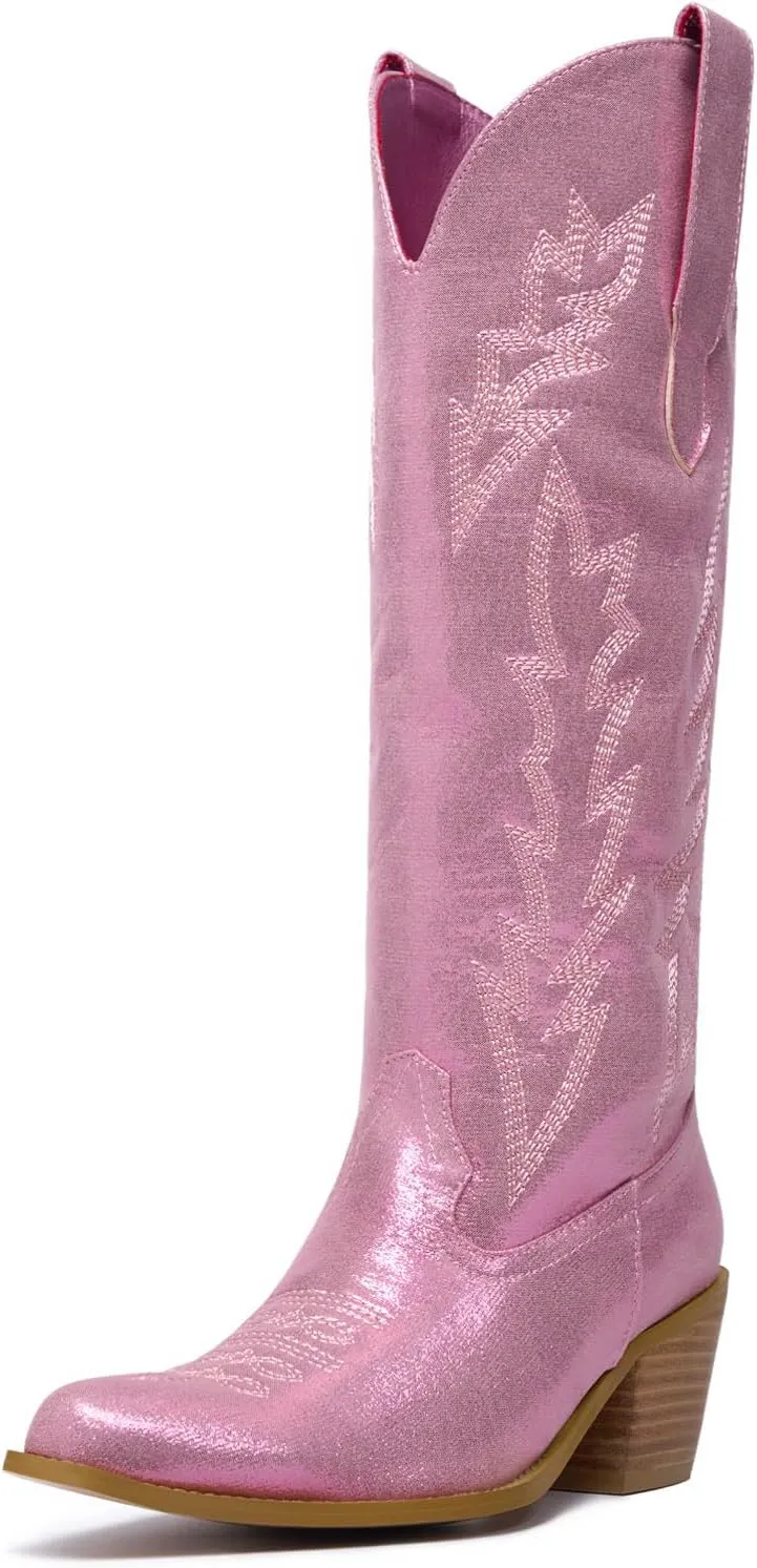 GOSERCE Cowboy Boots for Women Cowgirl Mid Calf Boots Floral Embroidery Pointed Toe Chunky Heel 2.5" Pull-On Fashion