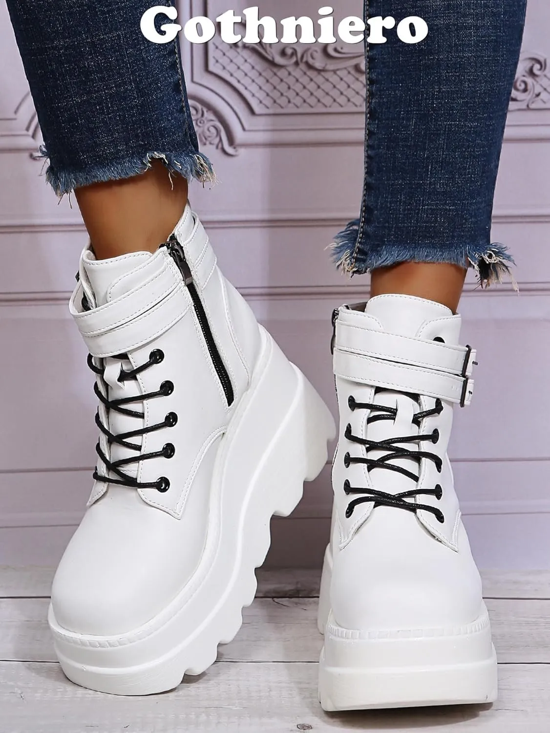 Gothniero Platform Goth Ankle Boots for Womem Black Holographic Combat Chunky Heel Boots with Side Zip Lace Up Wedge Booties US5.5-11