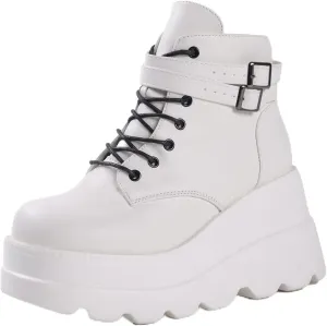 Gothniero Platform Goth Ankle Boots for Womem Black Holographic Combat Chunky Heel Boots with Side Zip Lace Up Wedge Booties US5.5-11