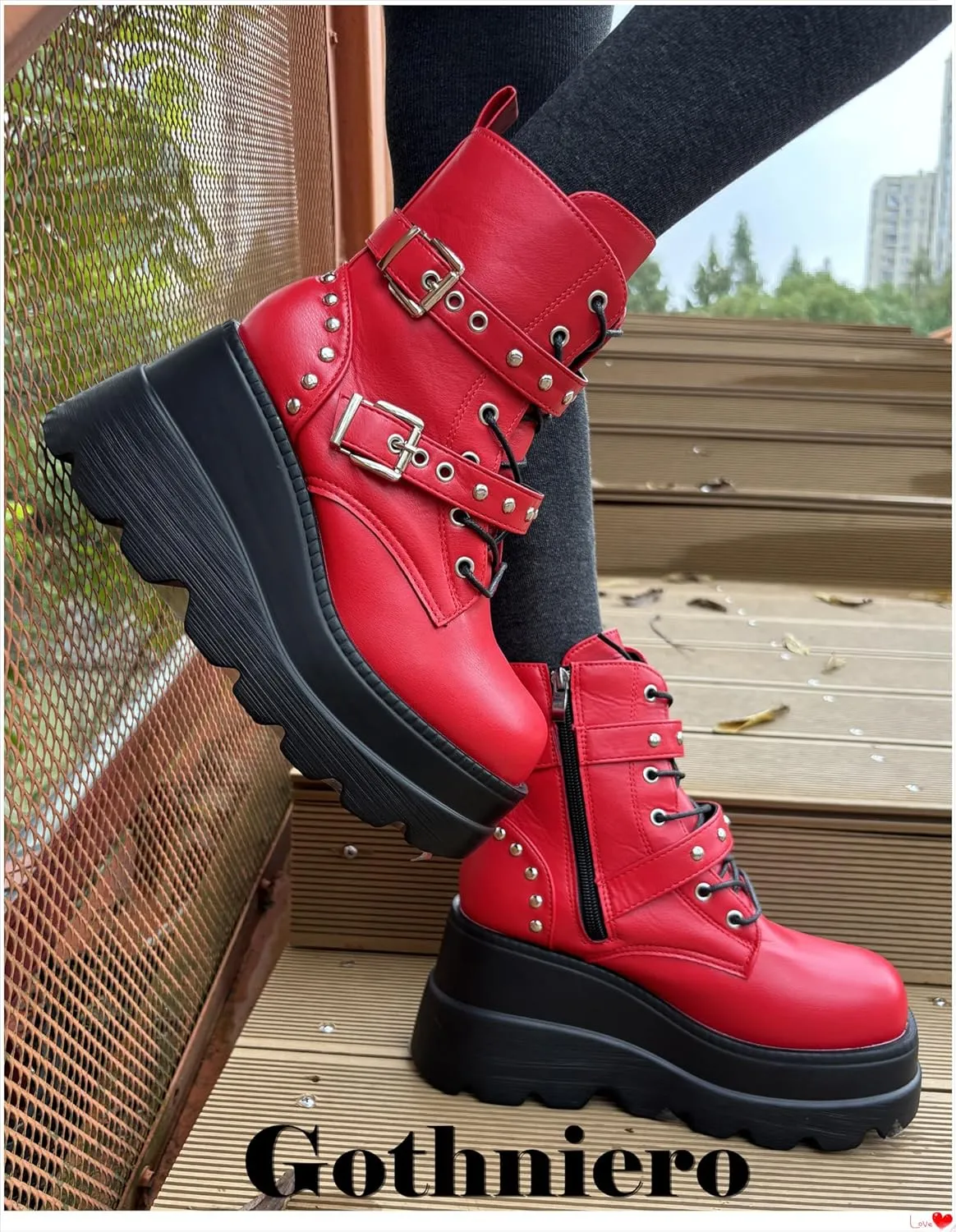 Gothniero Platform Goth Ankle Boots for Womem Black Holographic Combat Chunky Heel Boots with Side Zip Lace Up Wedge Booties US5.5-11