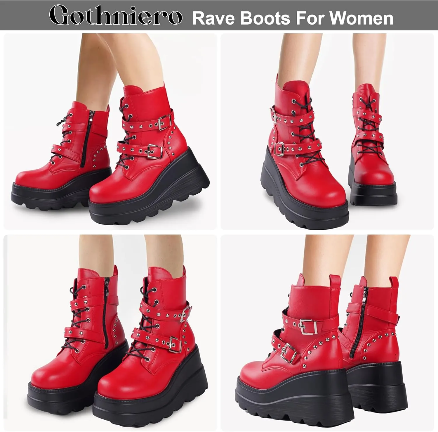 Gothniero Platform Goth Ankle Boots for Womem Black Holographic Combat Chunky Heel Boots with Side Zip Lace Up Wedge Booties US5.5-11