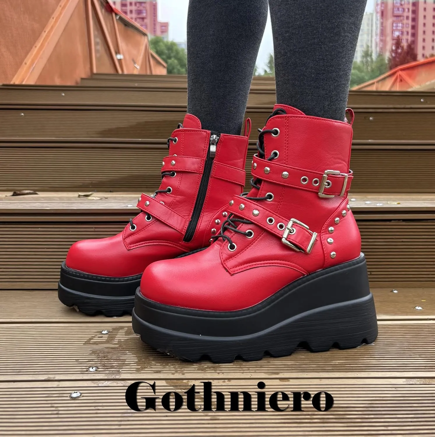 Gothniero Platform Goth Ankle Boots for Womem Black Holographic Combat Chunky Heel Boots with Side Zip Lace Up Wedge Booties US5.5-11