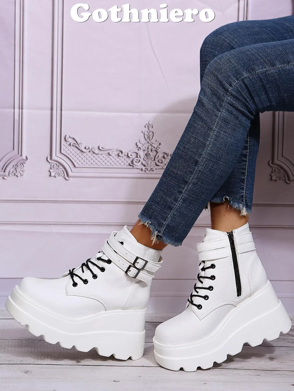 Gothniero Platform Goth Ankle Boots for Womem Black Holographic Combat Chunky Heel Boots with Side Zip Lace Up Wedge Booties US5.5-11