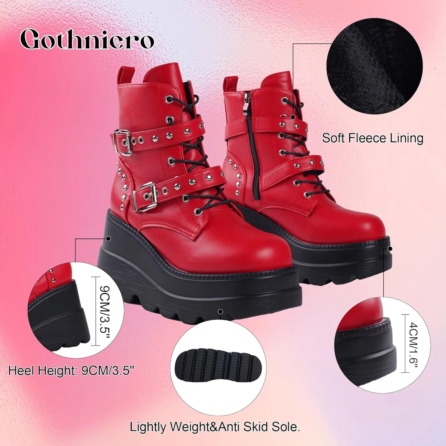 Gothniero Platform Goth Ankle Boots for Womem Black Holographic Combat Chunky Heel Boots with Side Zip Lace Up Wedge Booties US5.5-11