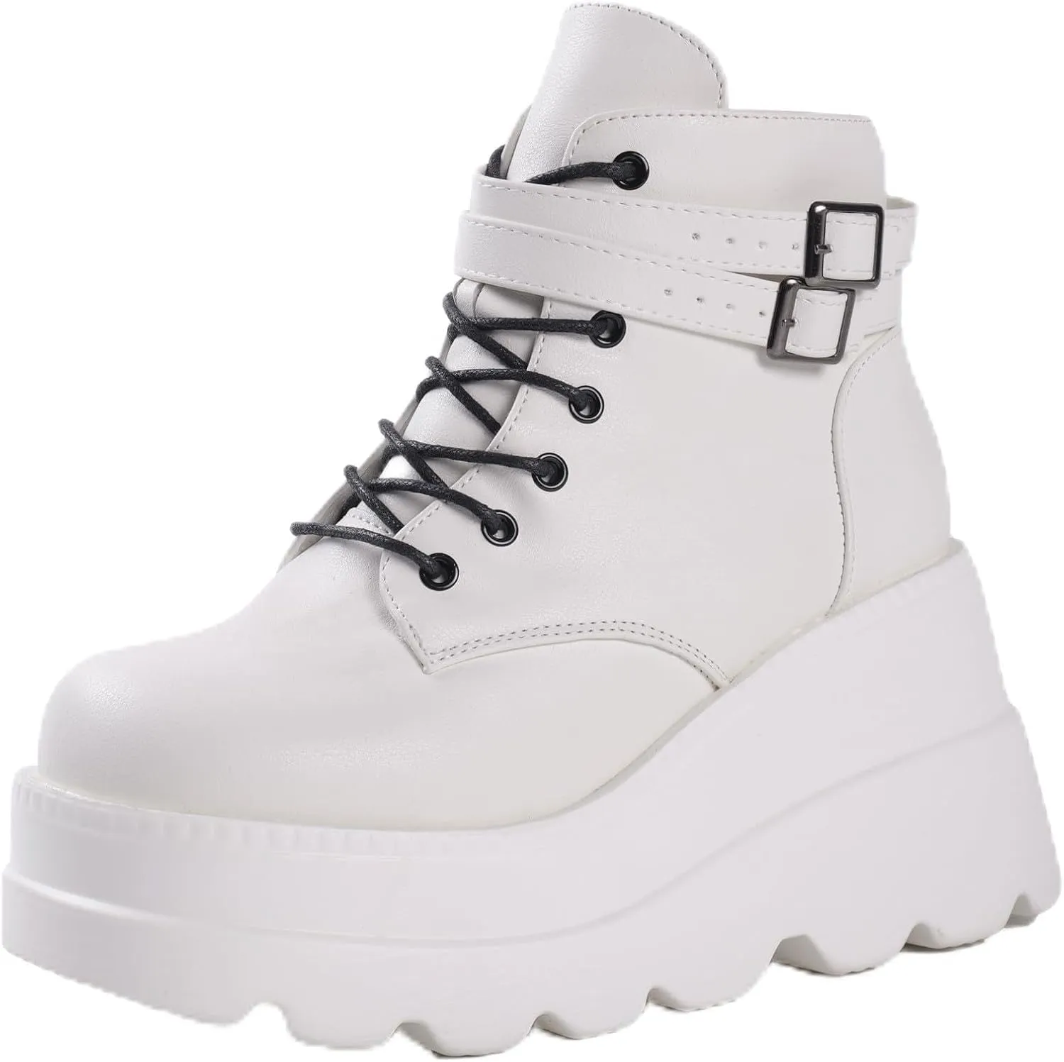 Gothniero Platform Goth Ankle Boots for Womem Black Holographic Combat Chunky Heel Boots with Side Zip Lace Up Wedge Booties US5.5-11