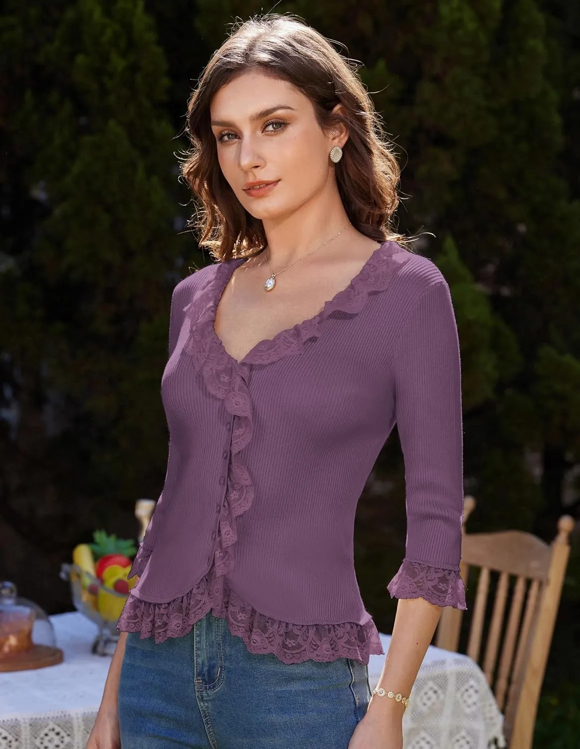 GRACE KARIN Lightweight Cardigan Sweaters for Women 2025 3/4 Sleeve Lace Button Open Front Bolero Shrug
