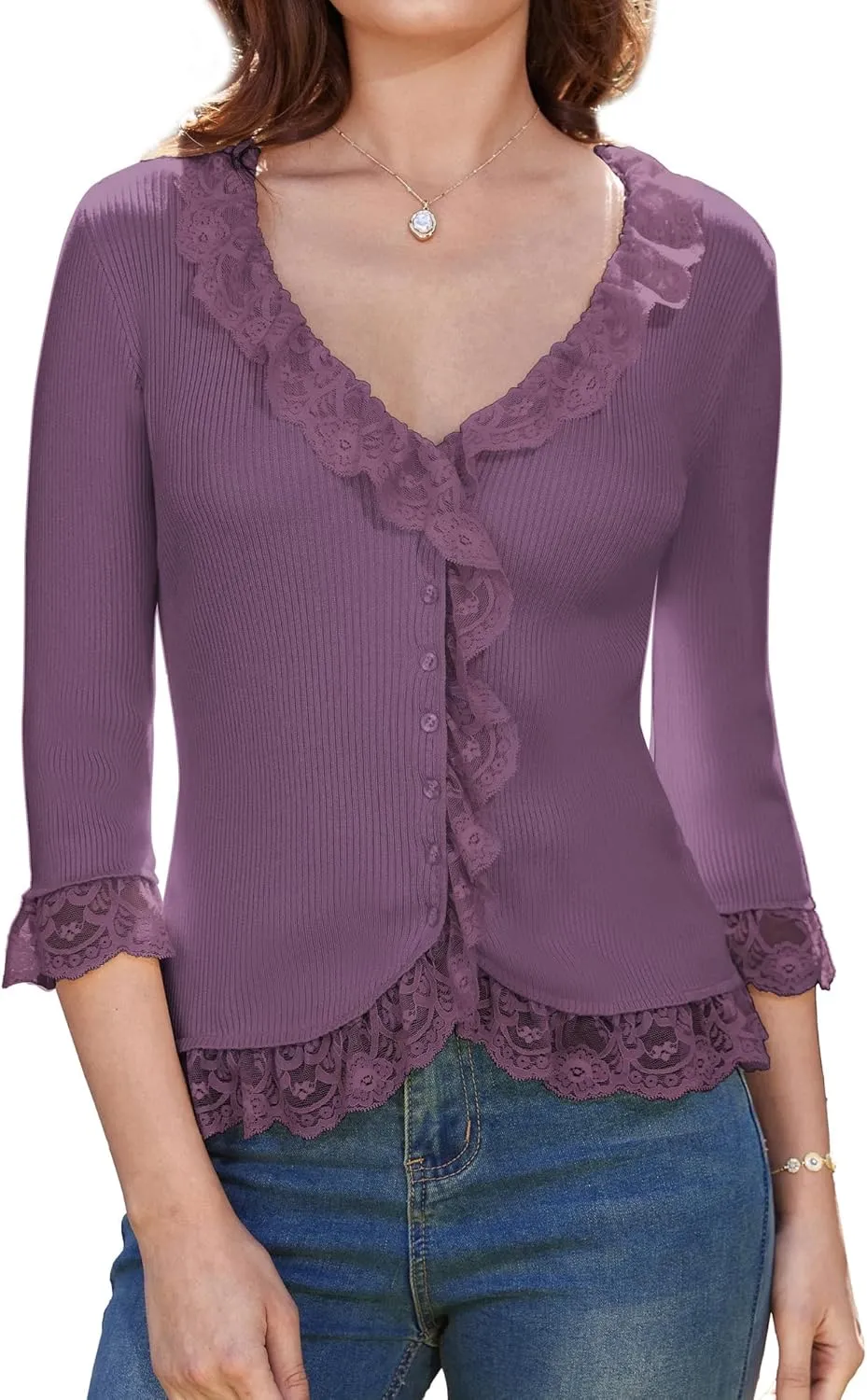 GRACE KARIN Lightweight Cardigan Sweaters for Women 2025 3/4 Sleeve Lace Button Open Front Bolero Shrug