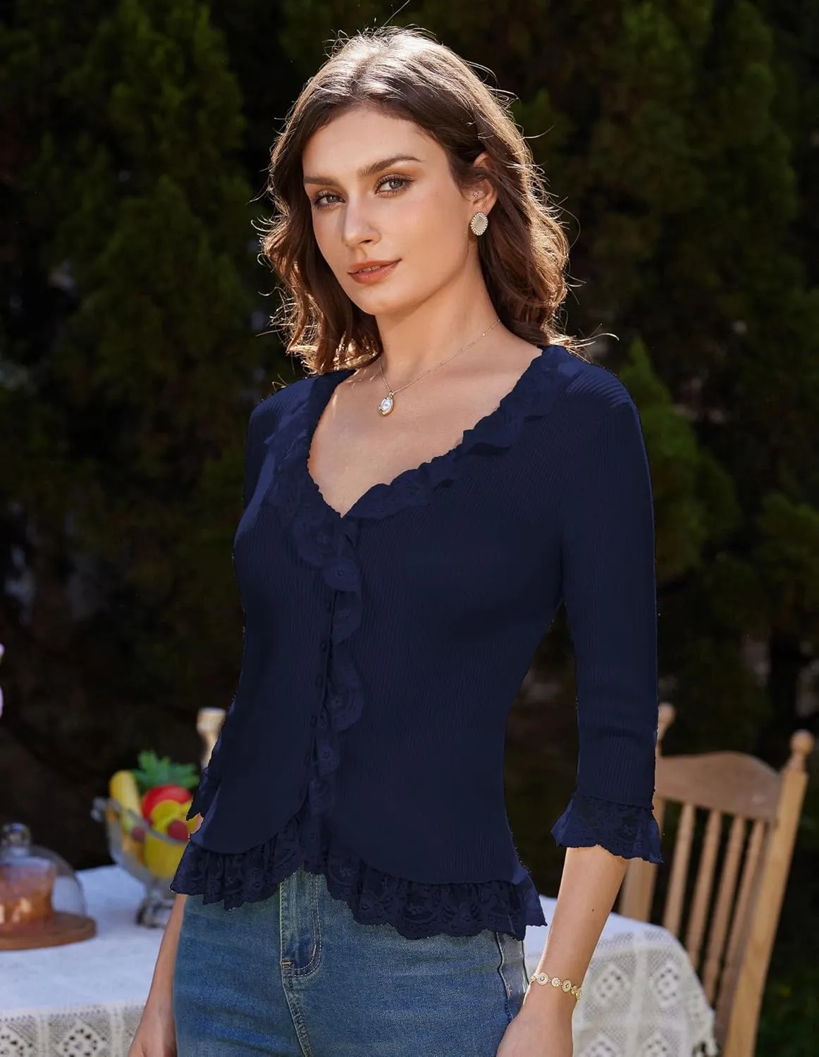 GRACE KARIN Lightweight Cardigan Sweaters for Women 2025 3/4 Sleeve Lace Button Open Front Bolero Shrug