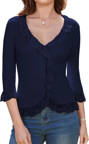 GRACE KARIN Lightweight Cardigan Sweaters for Women 2025 3/4 Sleeve Lace Button Open Front Bolero Shrug