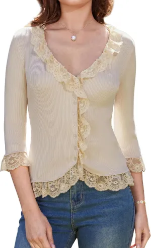 GRACE KARIN Lightweight Cardigan Sweaters for Women 2025 3/4 Sleeve Lace Button Open Front Bolero Shrug