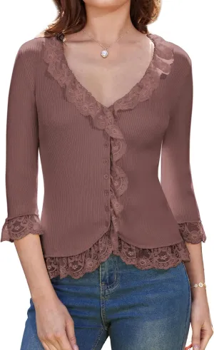 GRACE KARIN Lightweight Cardigan Sweaters for Women 2025 3/4 Sleeve Lace Button Open Front Bolero Shrug