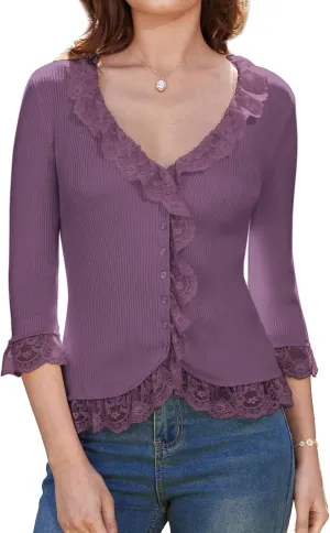 GRACE KARIN Lightweight Cardigan Sweaters for Women 2025 3/4 Sleeve Lace Button Open Front Bolero Shrug