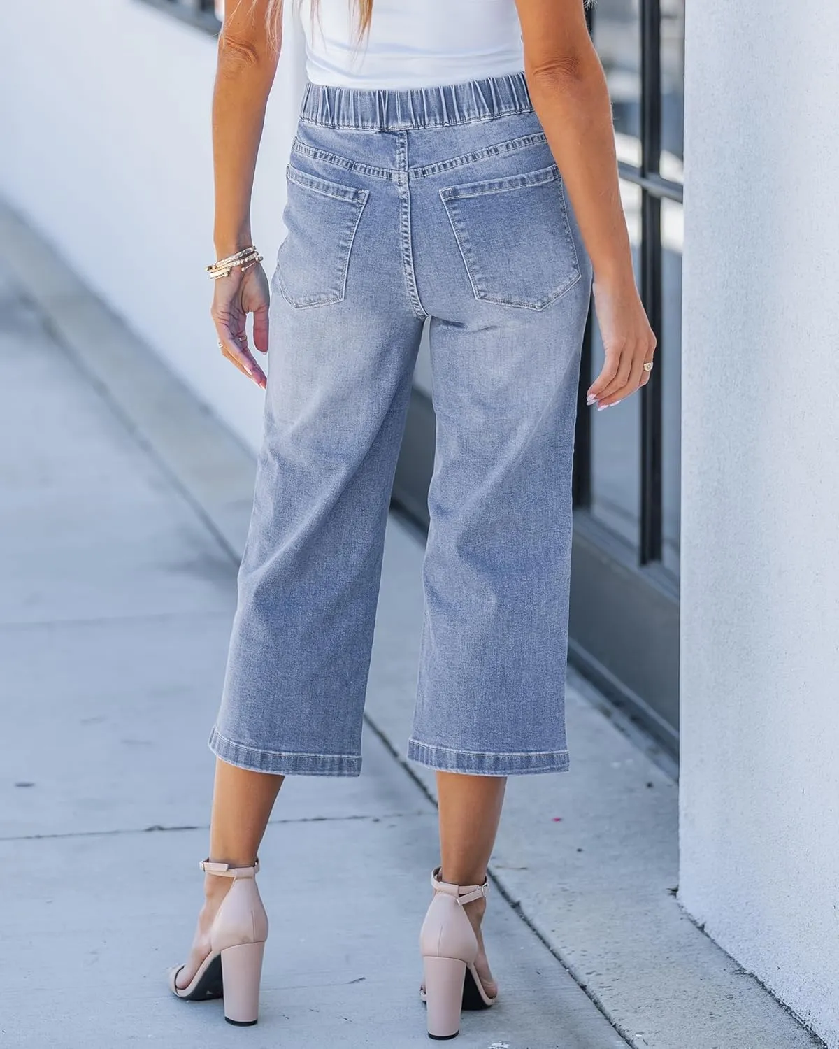 GRAPENT Capri Jeans for Women Wide Leg High Waisted Pull On Trendy Stretchy Denim Elastic Waist Jean Pants with Pockets