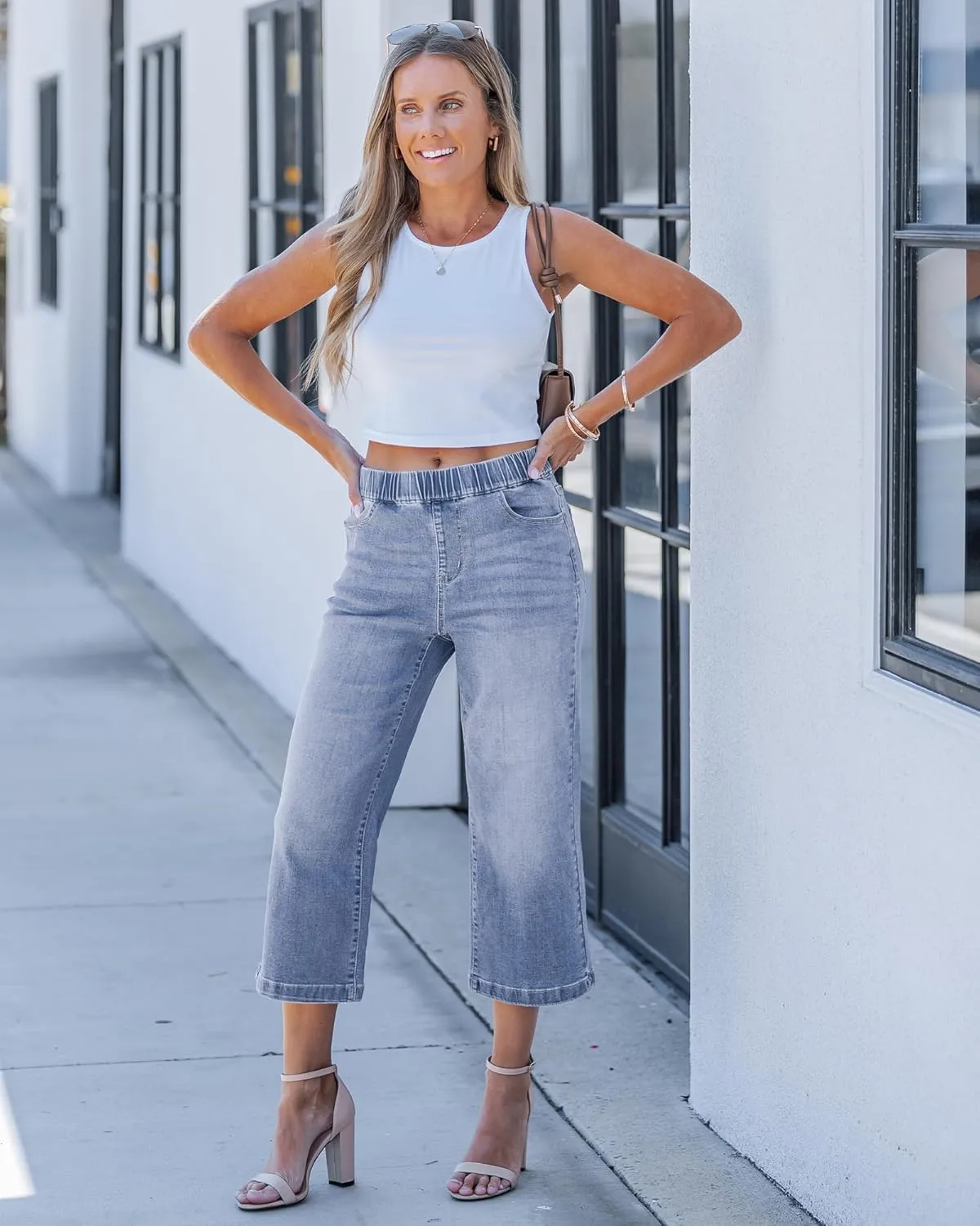GRAPENT Capri Jeans for Women Wide Leg High Waisted Pull On Trendy Stretchy Denim Elastic Waist Jean Pants with Pockets