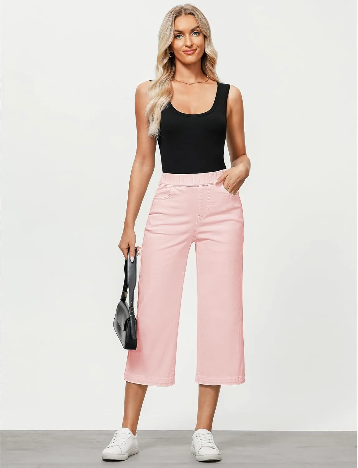 GRAPENT Capri Jeans for Women Wide Leg High Waisted Pull On Trendy Stretchy Denim Elastic Waist Jean Pants with Pockets