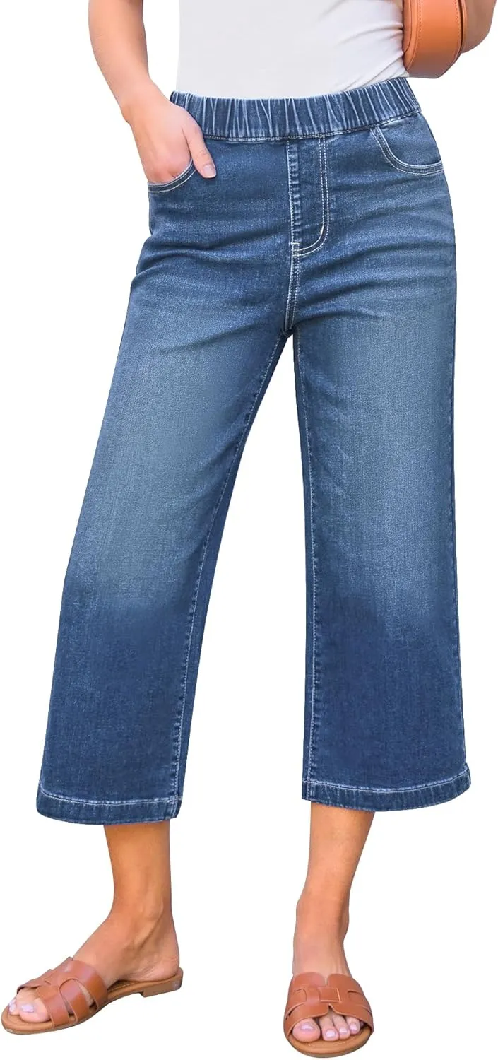 GRAPENT Capri Jeans for Women Wide Leg High Waisted Pull On Trendy Stretchy Denim Elastic Waist Jean Pants with Pockets