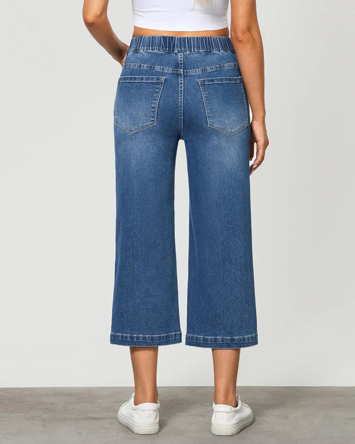 GRAPENT Capri Jeans for Women Wide Leg High Waisted Pull On Trendy Stretchy Denim Elastic Waist Jean Pants with Pockets