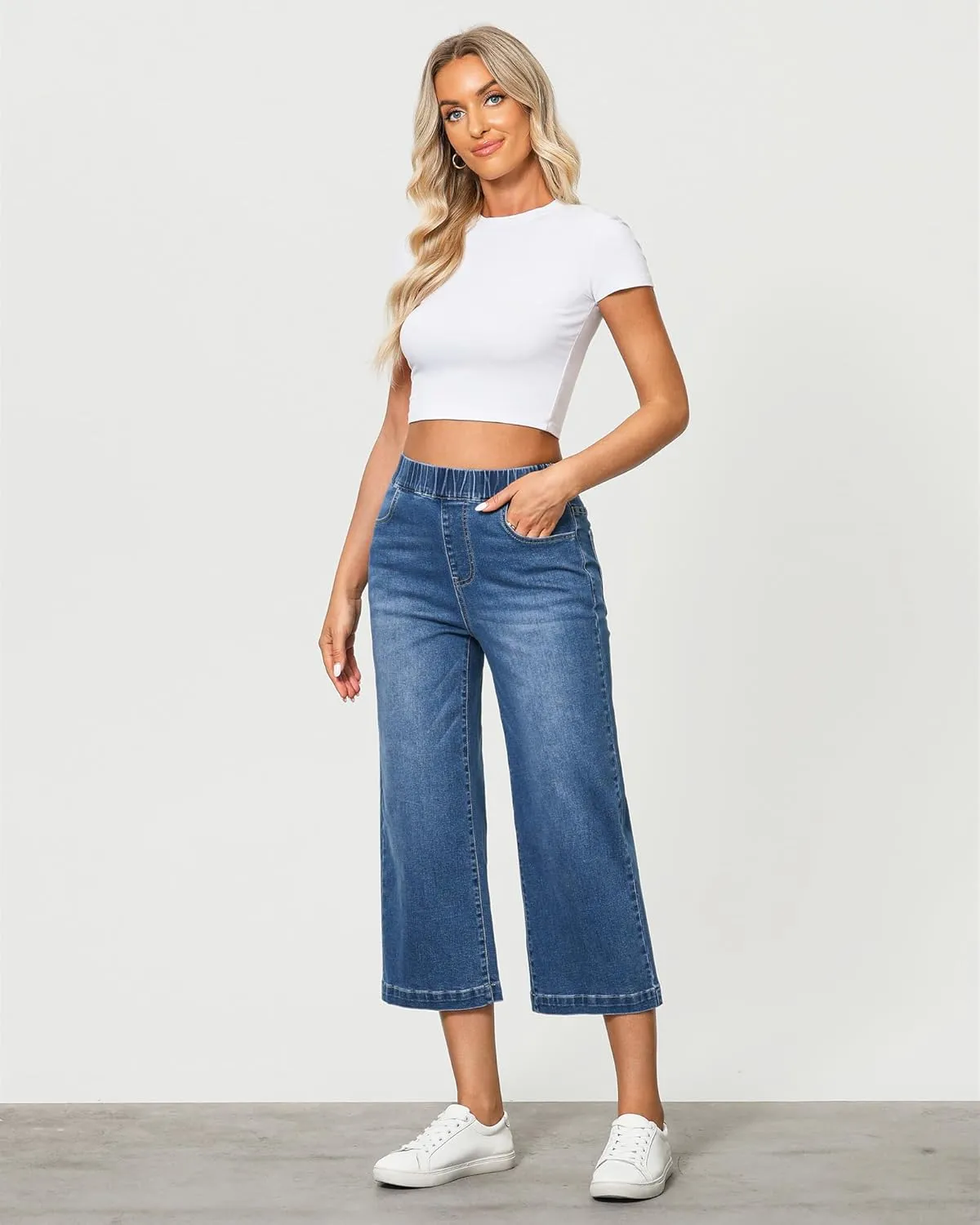 GRAPENT Capri Jeans for Women Wide Leg High Waisted Pull On Trendy Stretchy Denim Elastic Waist Jean Pants with Pockets