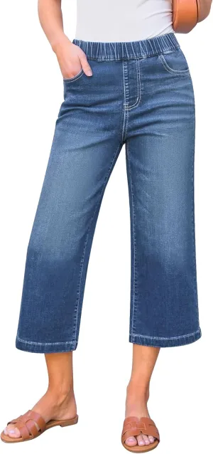 GRAPENT Capri Jeans for Women Wide Leg High Waisted Pull On Trendy Stretchy Denim Elastic Waist Jean Pants with Pockets