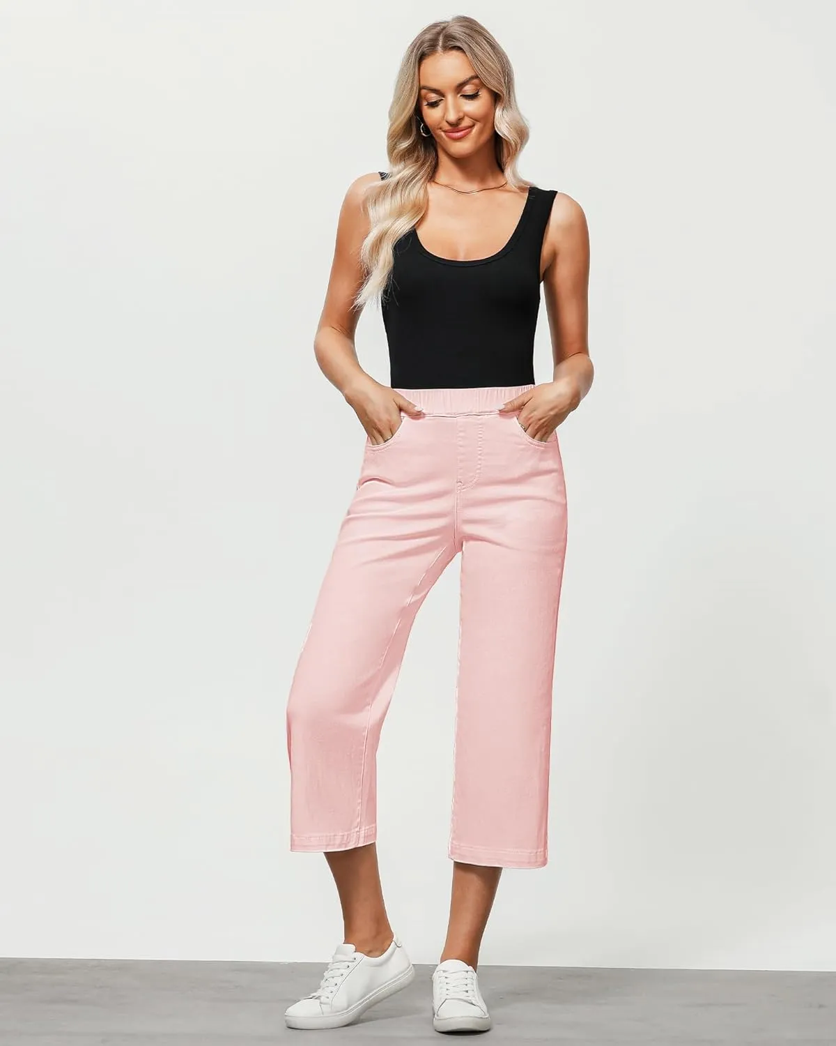 GRAPENT Capri Jeans for Women Wide Leg High Waisted Pull On Trendy Stretchy Denim Elastic Waist Jean Pants with Pockets