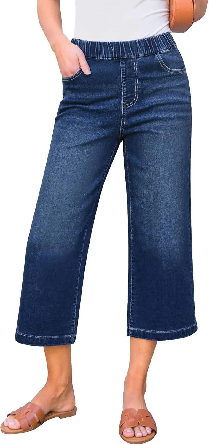 GRAPENT Capri Jeans for Women Wide Leg High Waisted Pull On Trendy Stretchy Denim Elastic Waist Jean Pants with Pockets
