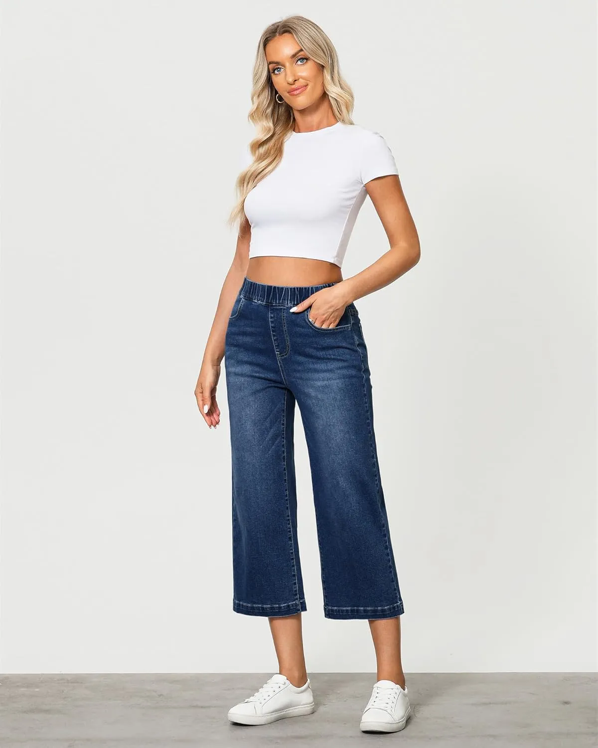 GRAPENT Capri Jeans for Women Wide Leg High Waisted Pull On Trendy Stretchy Denim Elastic Waist Jean Pants with Pockets