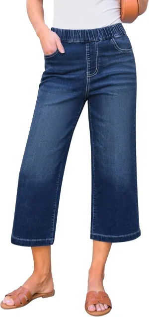 GRAPENT Capri Jeans for Women Wide Leg High Waisted Pull On Trendy Stretchy Denim Elastic Waist Jean Pants with Pockets