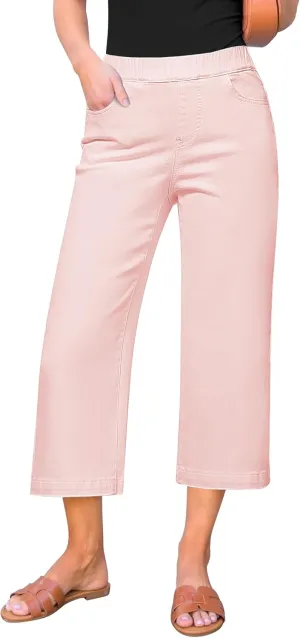 GRAPENT Capri Jeans for Women Wide Leg High Waisted Pull On Trendy Stretchy Denim Elastic Waist Jean Pants with Pockets