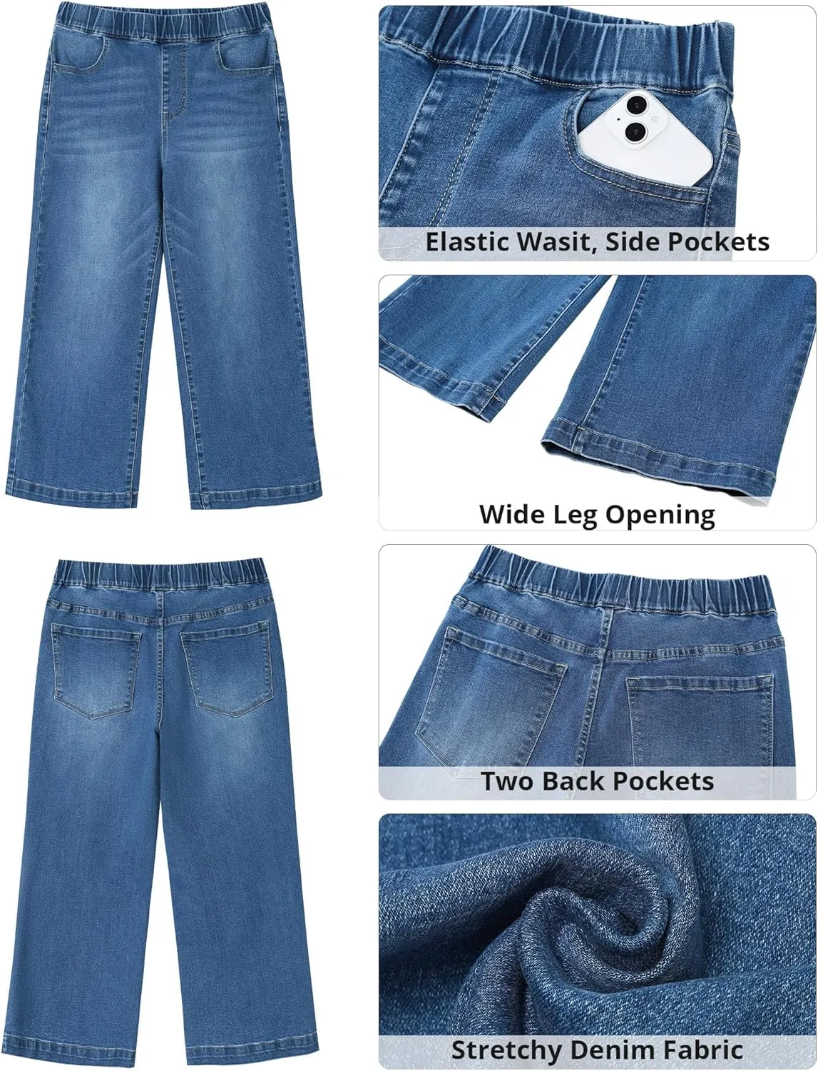 GRAPENT Capri Jeans for Women Wide Leg High Waisted Pull On Trendy Stretchy Denim Elastic Waist Jean Pants with Pockets