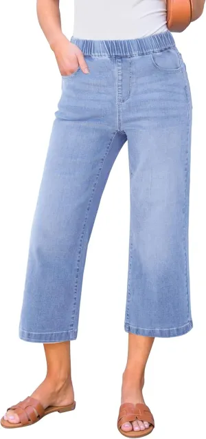GRAPENT Capri Jeans for Women Wide Leg High Waisted Pull On Trendy Stretchy Denim Elastic Waist Jean Pants with Pockets