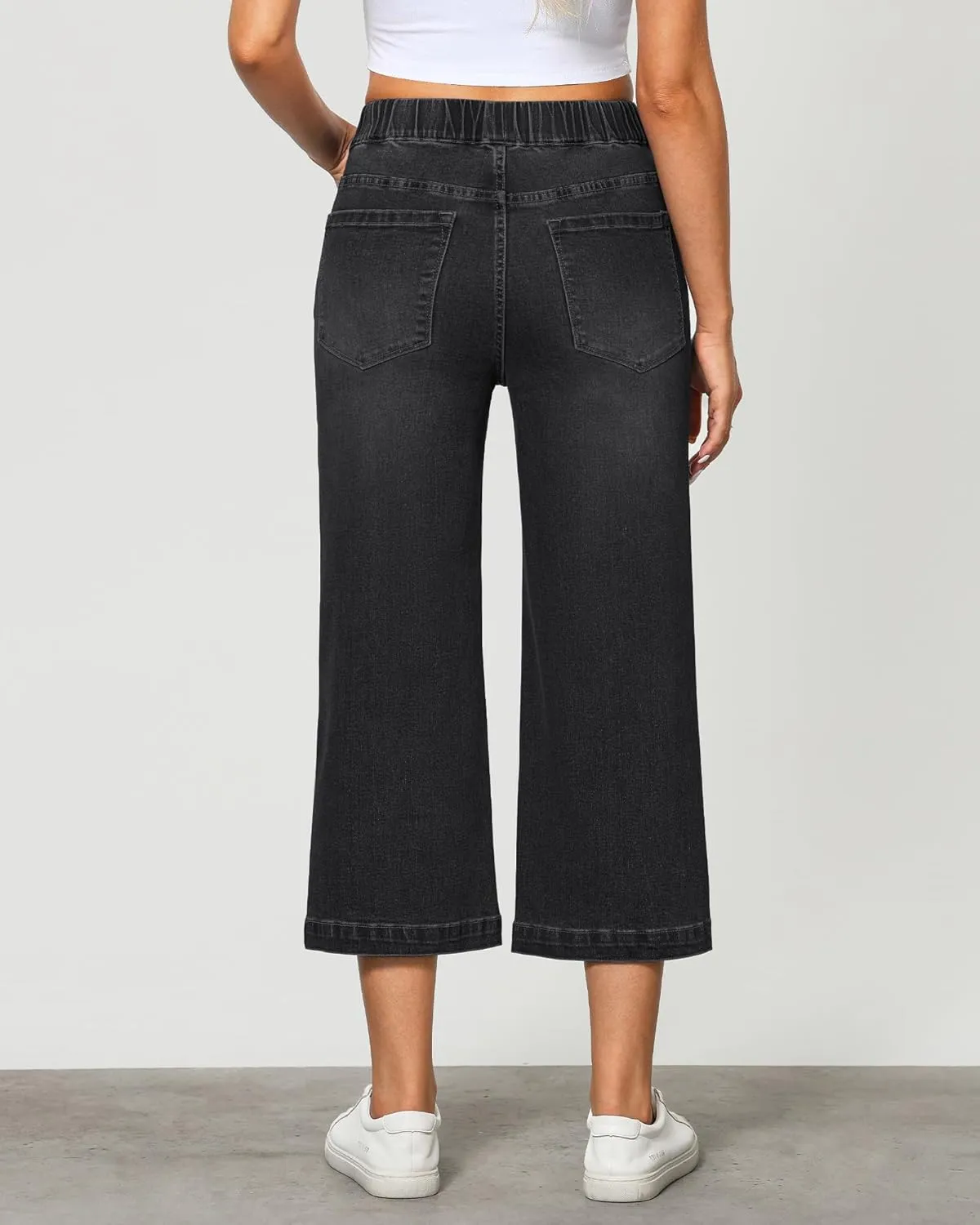 GRAPENT Capri Jeans for Women Wide Leg High Waisted Pull On Trendy Stretchy Denim Elastic Waist Jean Pants with Pockets