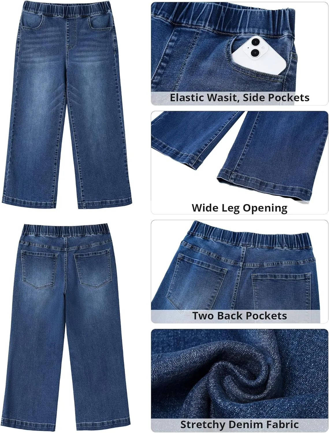 GRAPENT Capri Jeans for Women Wide Leg High Waisted Pull On Trendy Stretchy Denim Elastic Waist Jean Pants with Pockets