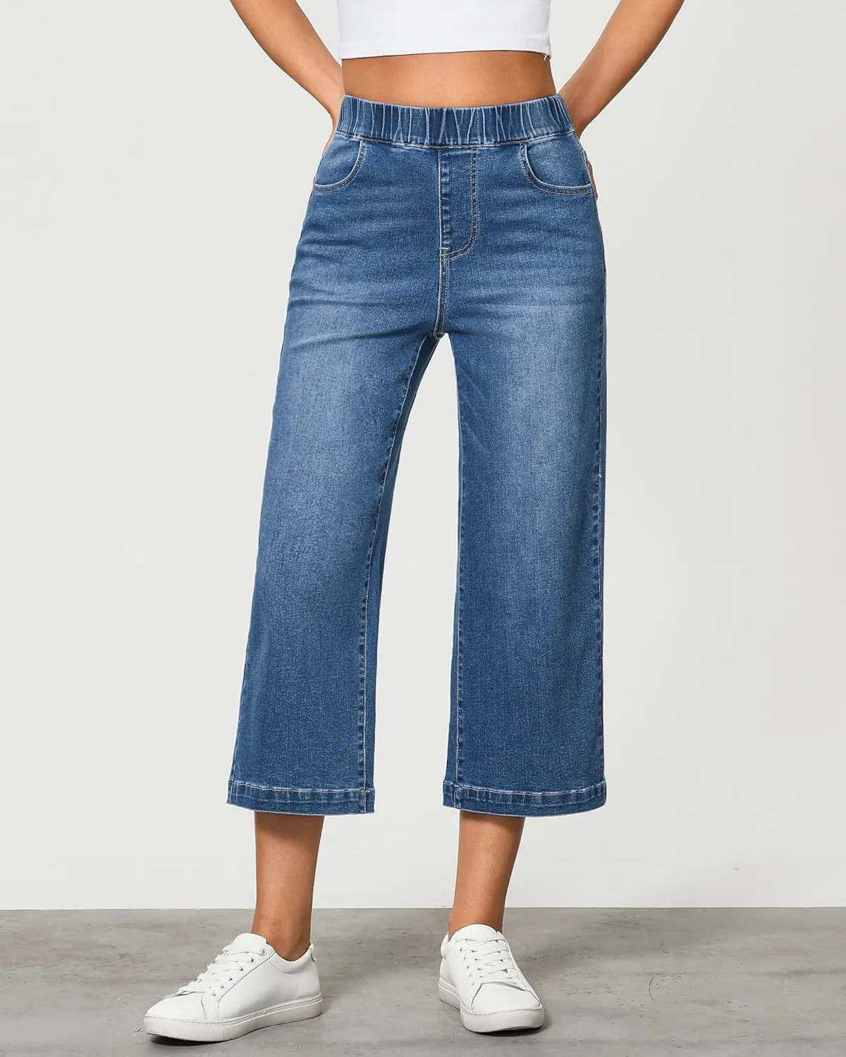 GRAPENT Capri Jeans for Women Wide Leg High Waisted Pull On Trendy Stretchy Denim Elastic Waist Jean Pants with Pockets