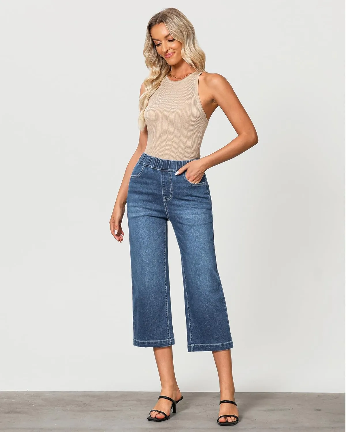 GRAPENT Capri Jeans for Women Wide Leg High Waisted Pull On Trendy Stretchy Denim Elastic Waist Jean Pants with Pockets